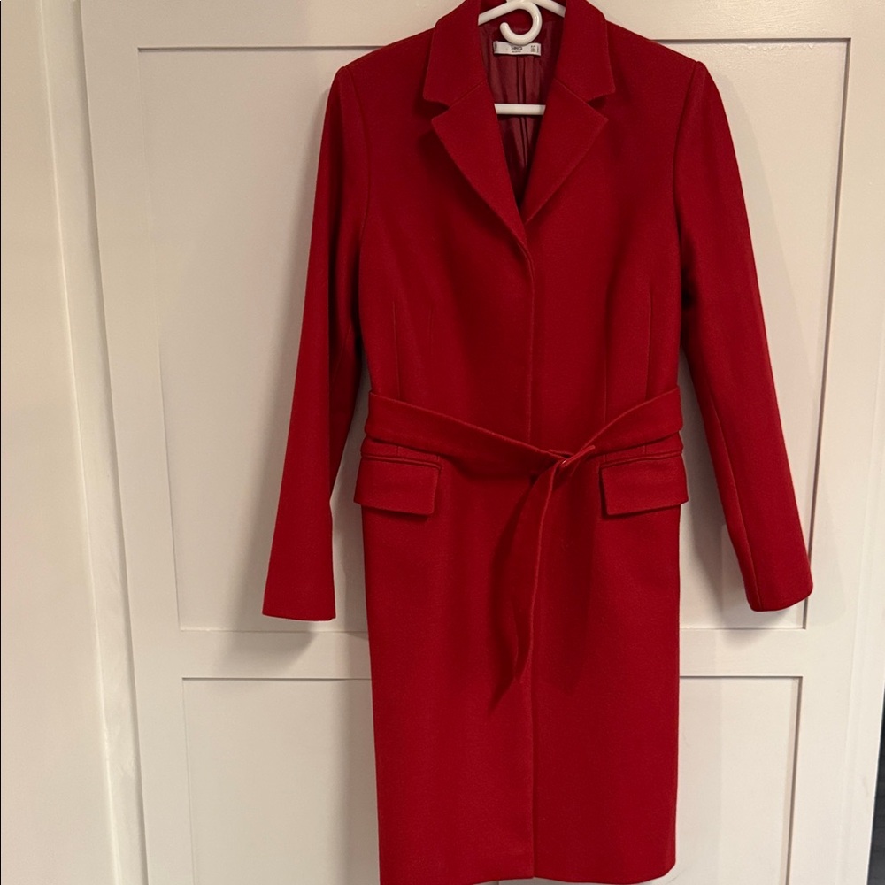 Mango Red Belted Wool-Blend Long Coat